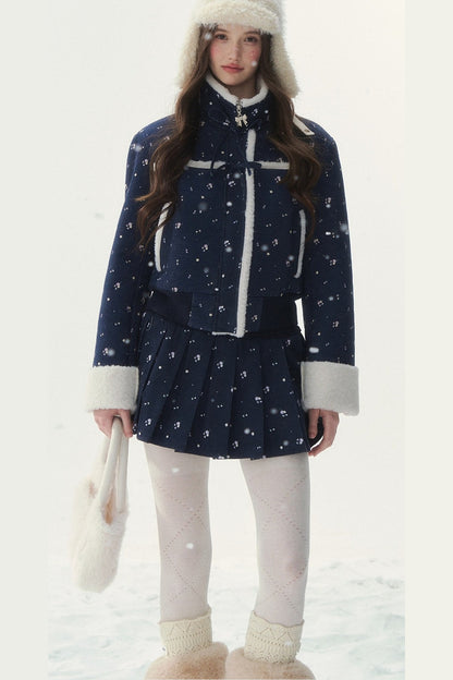 Floral Corduroy Lambswool Patchwork Jacket and Pleated Skirt Set-Up