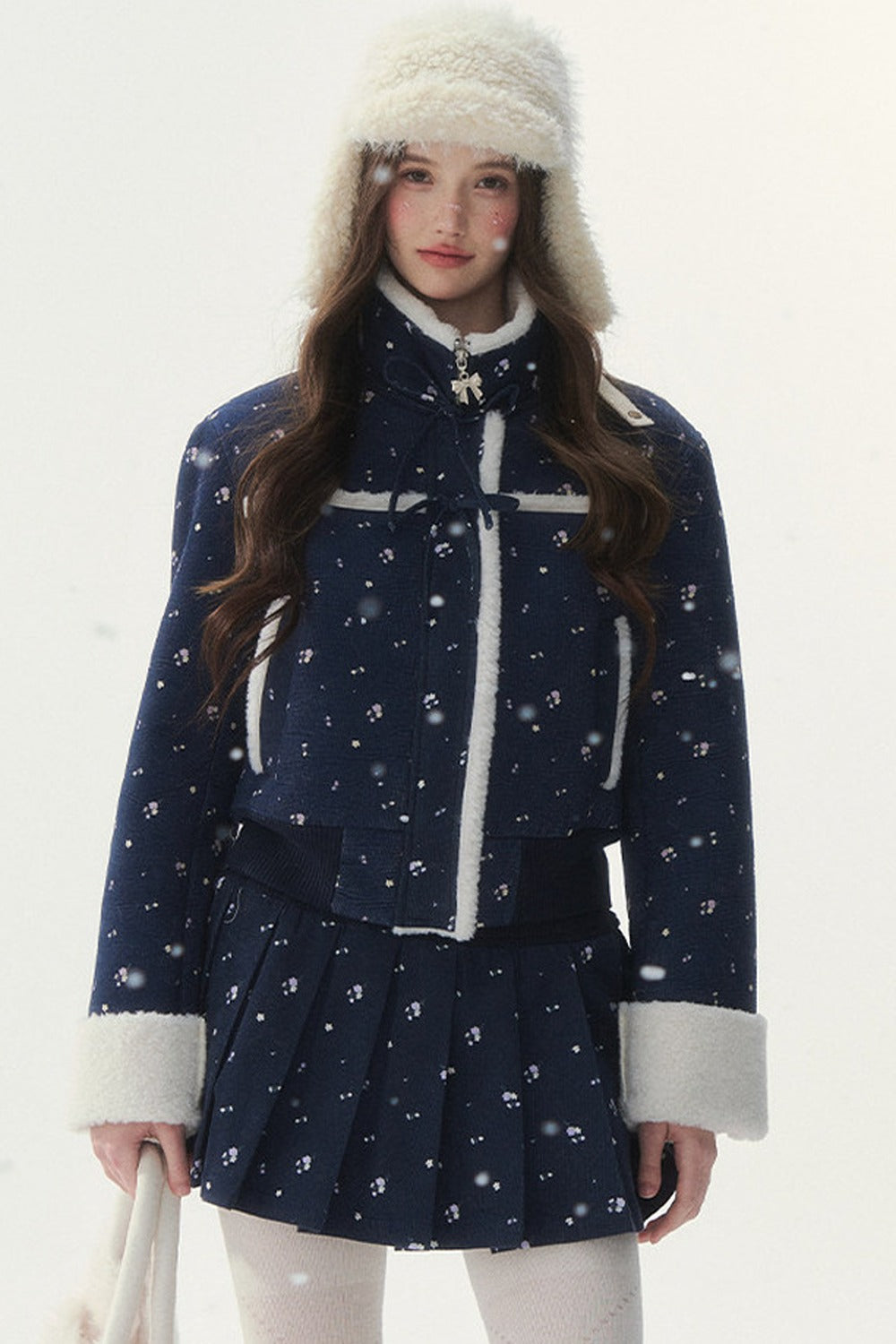Floral Corduroy Lambswool Patchwork Jacket and Pleated Skirt Set-Up