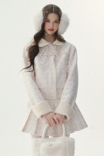 Floral Corduroy Lambswool Patchwork Jacket and Pleated Skirt Set-Up