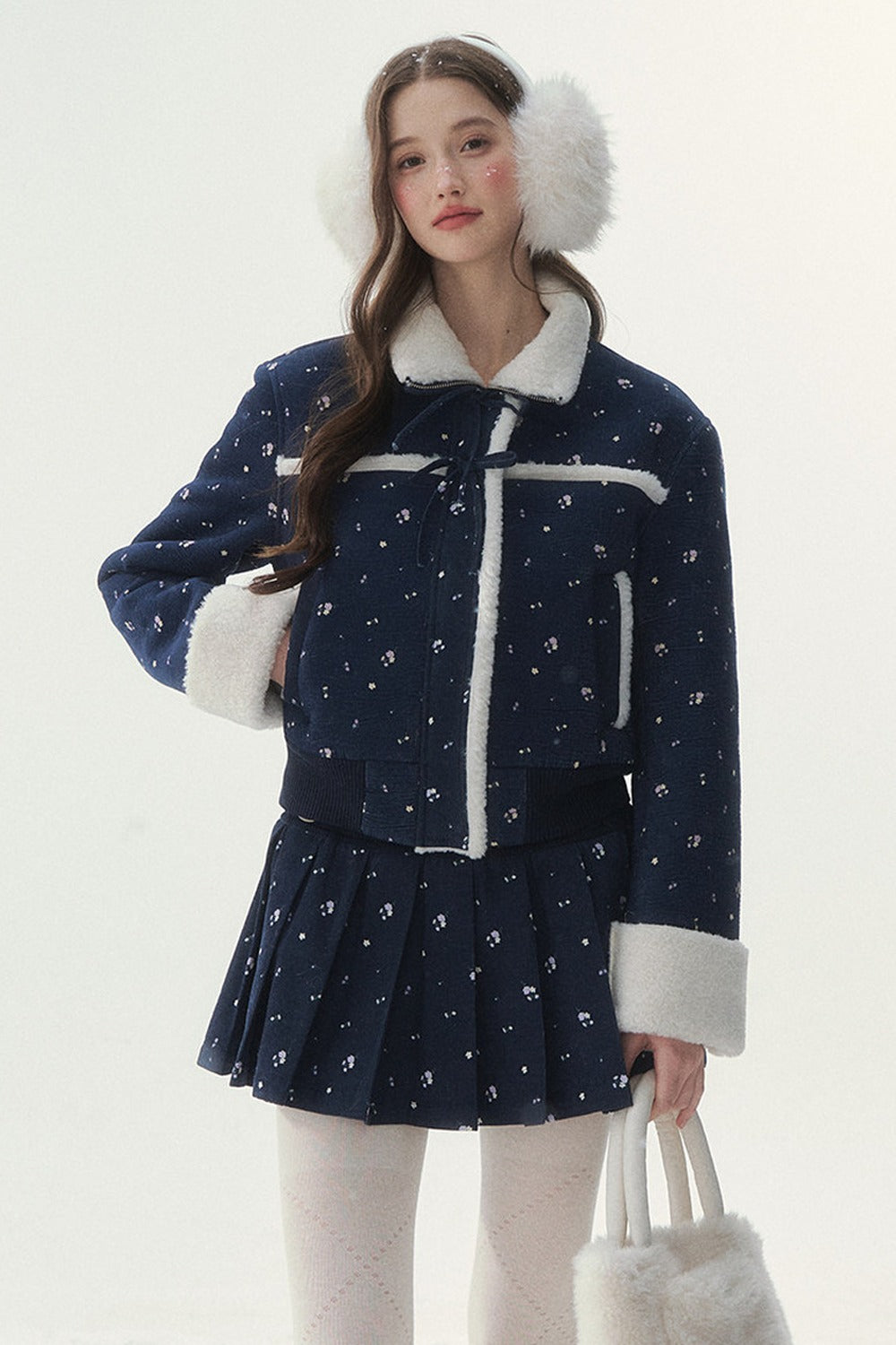 Floral Corduroy Lambswool Patchwork Jacket and Pleated Skirt Set-Up