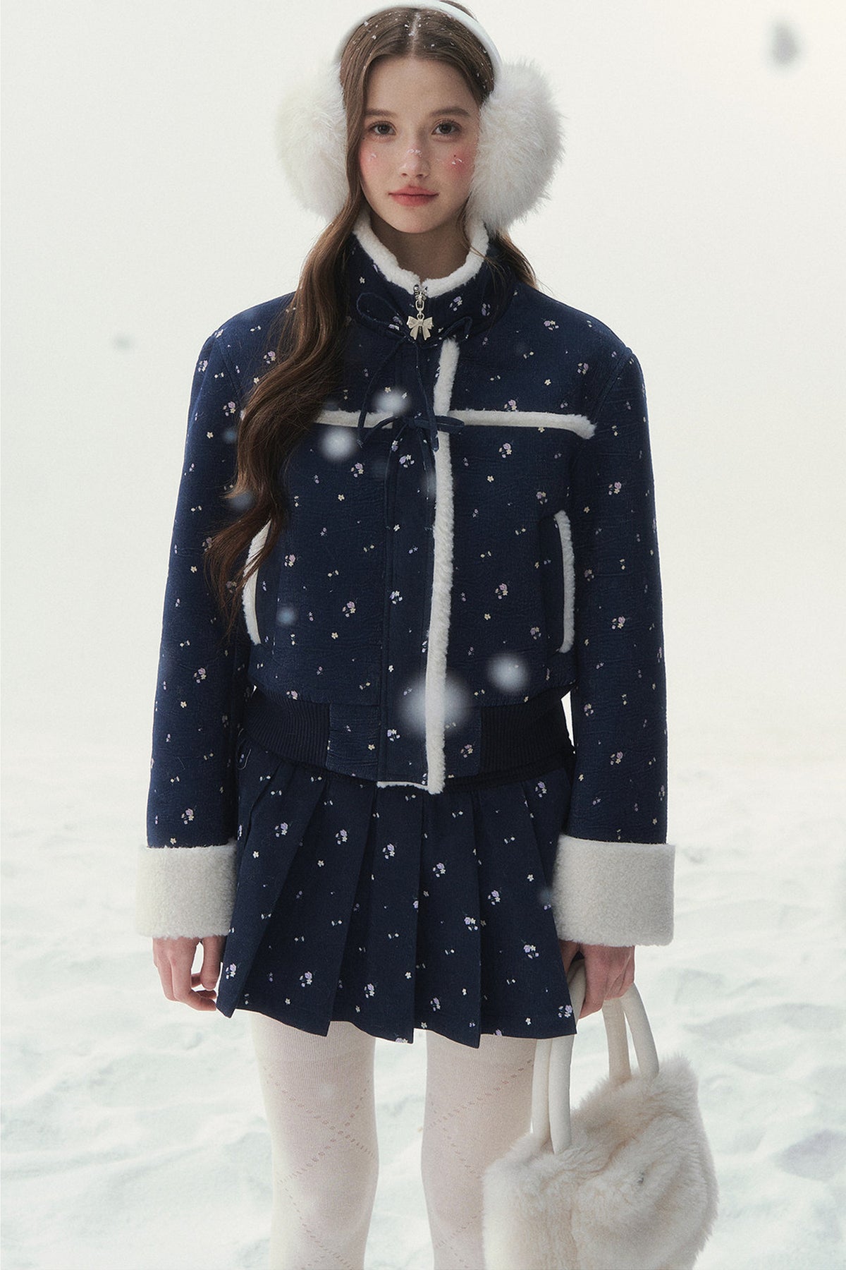 Floral Corduroy Lambswool Patchwork Jacket and Pleated Skirt Set-Up