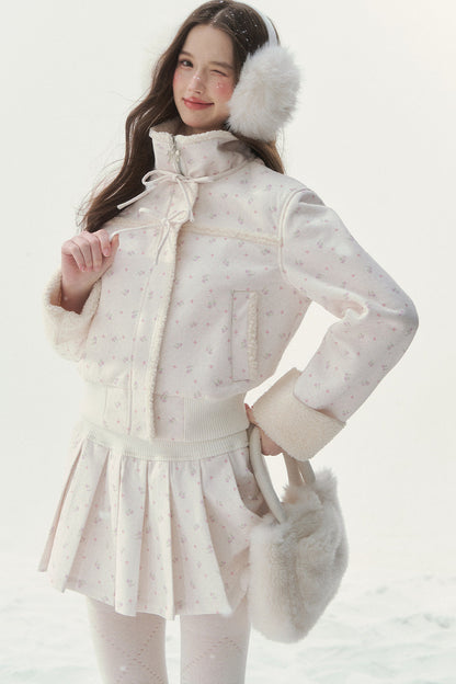 Floral Corduroy Lambswool Patchwork Jacket and Pleated Skirt Set-Up