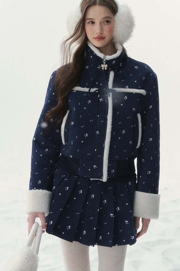 Floral Corduroy Lambswool Patchwork Jacket and Pleated Skirt Set-Up