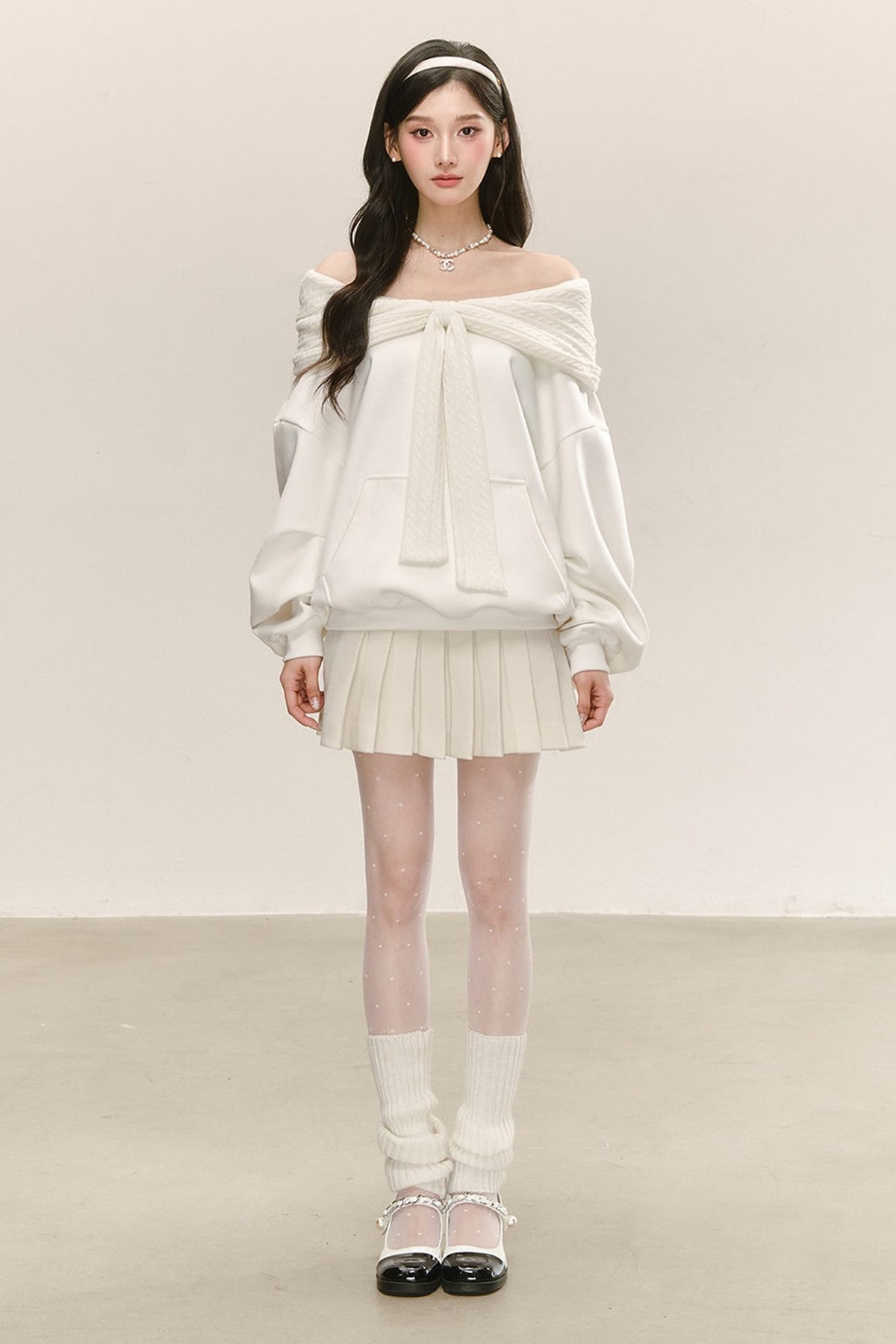 White Knitted Patchwork Hooded Sweatshirt Set-Up