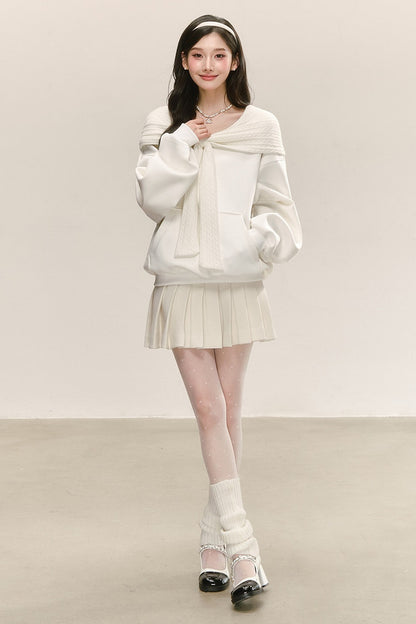 White Knitted Patchwork Hooded Sweatshirt Set-Up