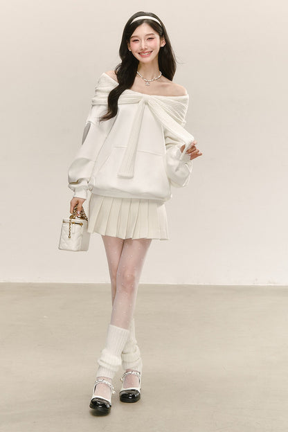 White Knitted Patchwork Hooded Sweatshirt Set-Up