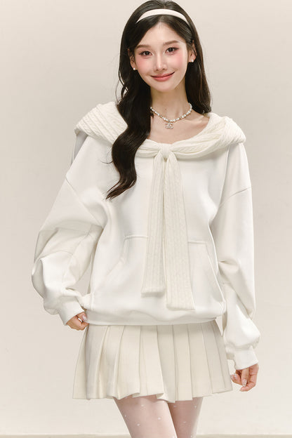 White Knitted Patchwork Hooded Sweatshirt Set-Up
