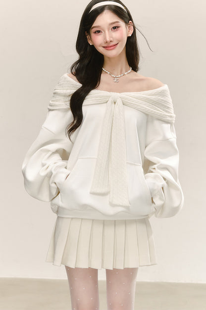 White Knitted Patchwork Hooded Sweatshirt Set-Up