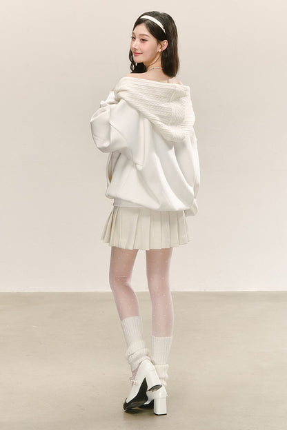 White Knitted Patchwork Hooded Sweatshirt Set-Up