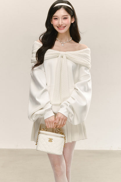 White Knitted Patchwork Hooded Sweatshirt Set-Up