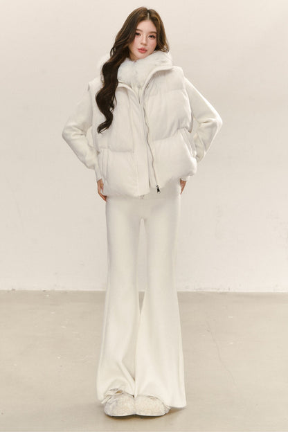 Ensemble haut en maille à flocons avec capuche et col en fourrure