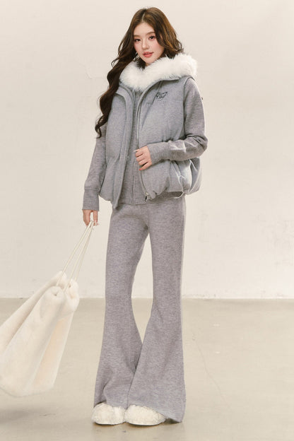 Ensemble haut en maille à flocons avec capuche et col en fourrure