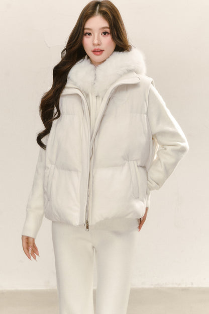 Ensemble haut en maille à flocons avec capuche et col en fourrure