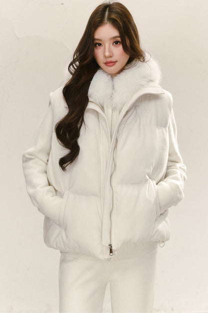 Ensemble haut en maille à flocons avec capuche et col en fourrure