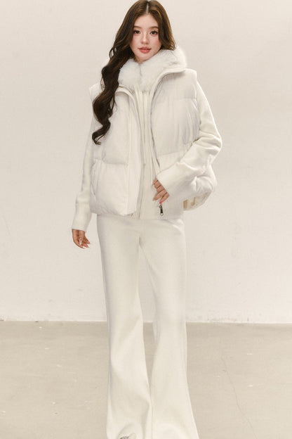 Ensemble haut en maille à flocons avec capuche et col en fourrure