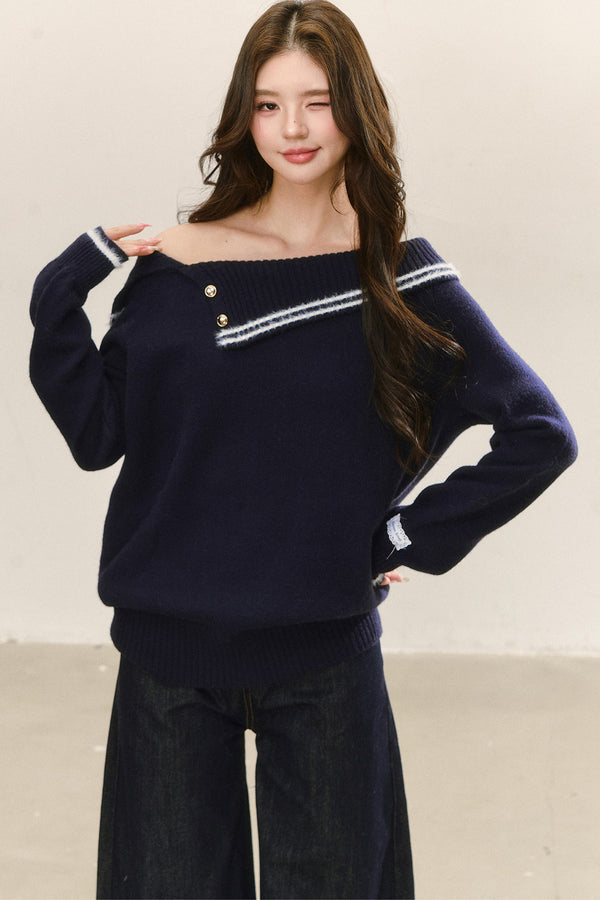 Red One-Shoulder Knitted Sweater Set-Up