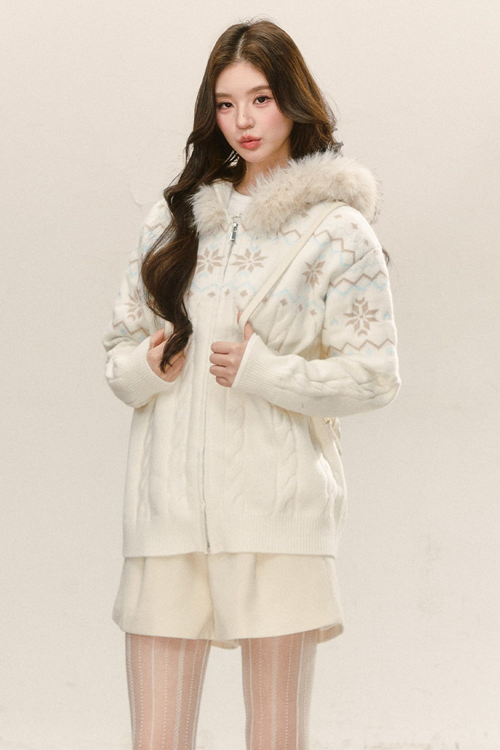 Fair Isle Hooded Knit Cardigan and Woolen Shorts Set-Up