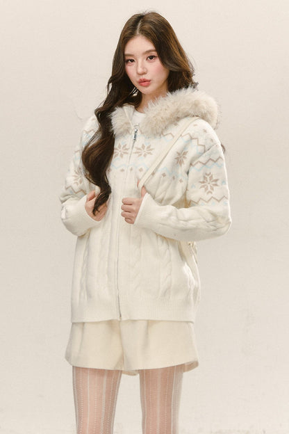 Fair Isle Hooded Knit Cardigan and Woolen Shorts Set-Up