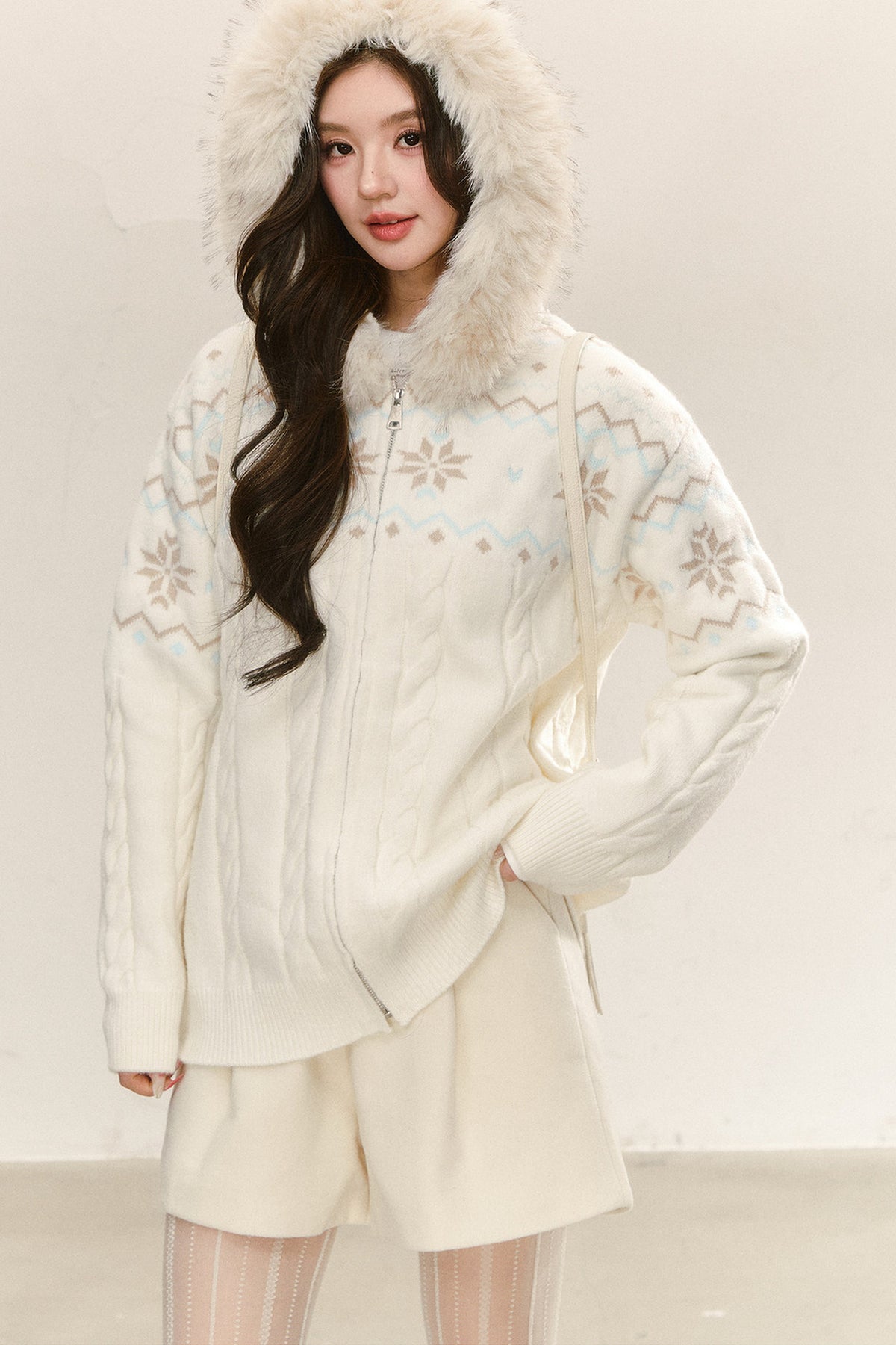Fair Isle Hooded Knit Cardigan and Woolen Shorts Set-Up