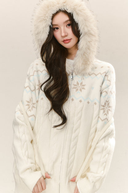 Fair Isle Hooded Knit Cardigan and Woolen Shorts Set-Up