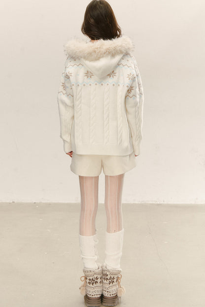 Fair Isle Hooded Knit Cardigan and Woolen Shorts Set-Up