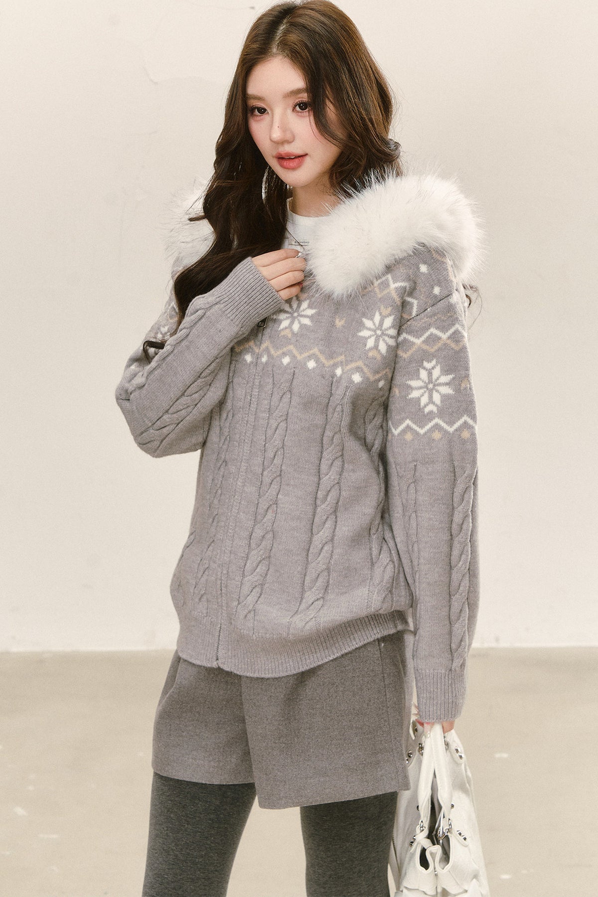 Fair Isle Hooded Knit Cardigan and Woolen Shorts Set-Up