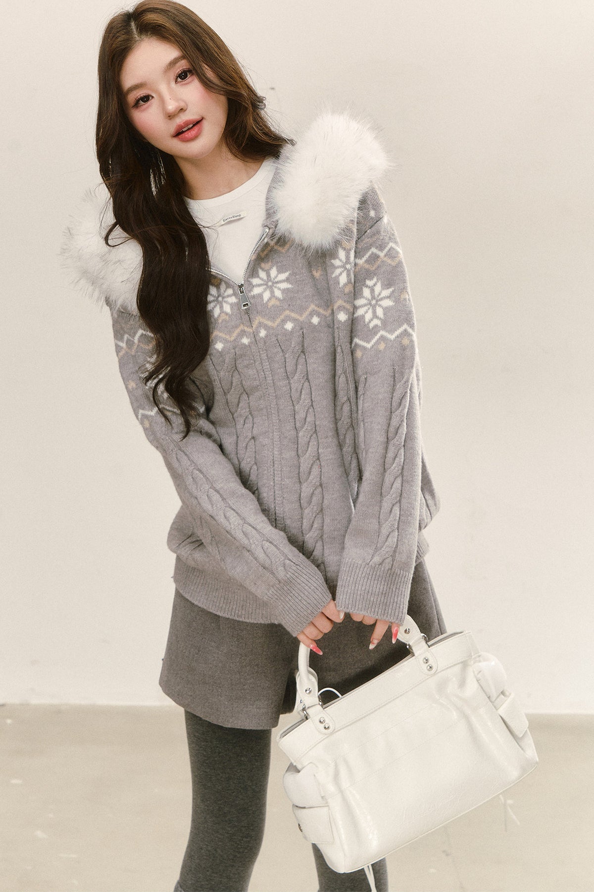 Fair Isle Hooded Knit Cardigan and Woolen Shorts Set-Up