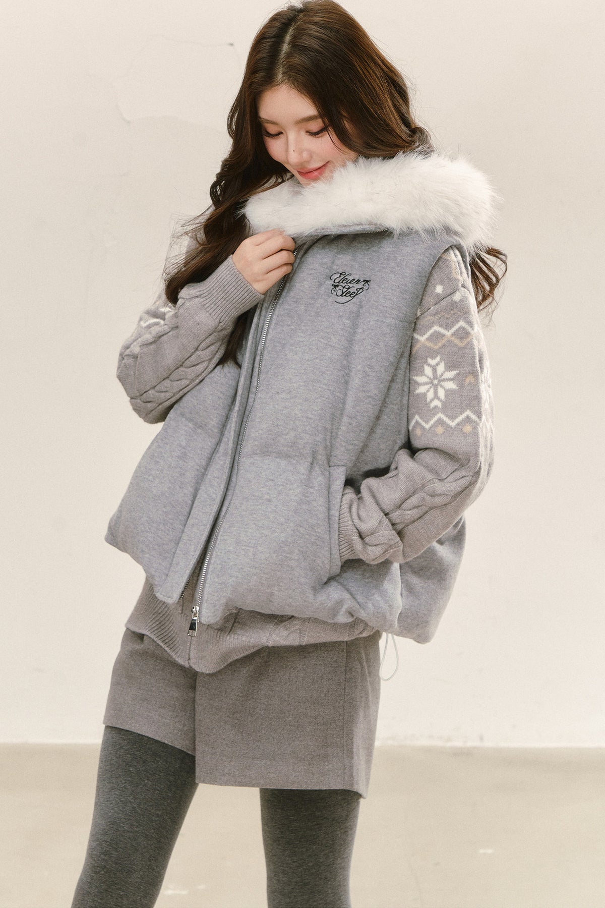 Fair Isle Hooded Knit Cardigan and Woolen Shorts Set-Up
