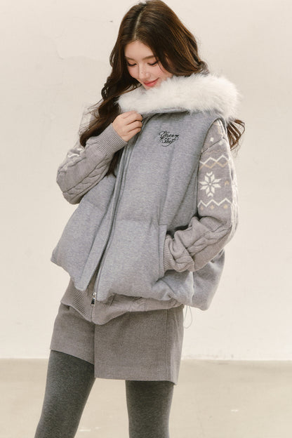 Fair Isle Hooded Knit Cardigan and Woolen Shorts Set-Up