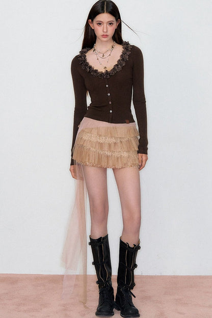 V-Neck Lace Silk Wool Knit Cardigan