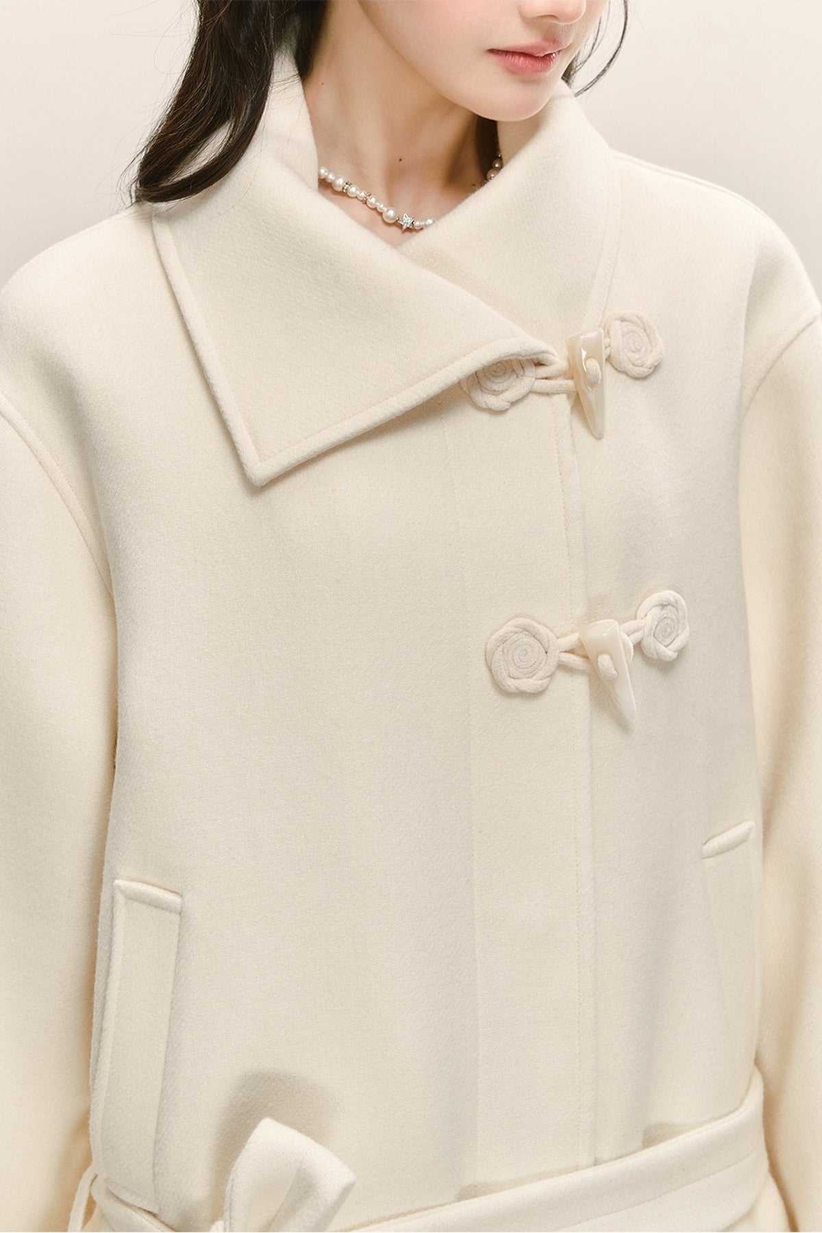 White Woolen Toggle Tie-Waist Coat