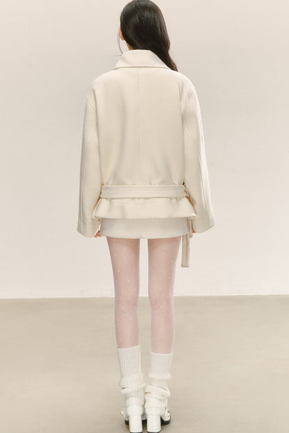 White Woolen Toggle Tie-Waist Coat