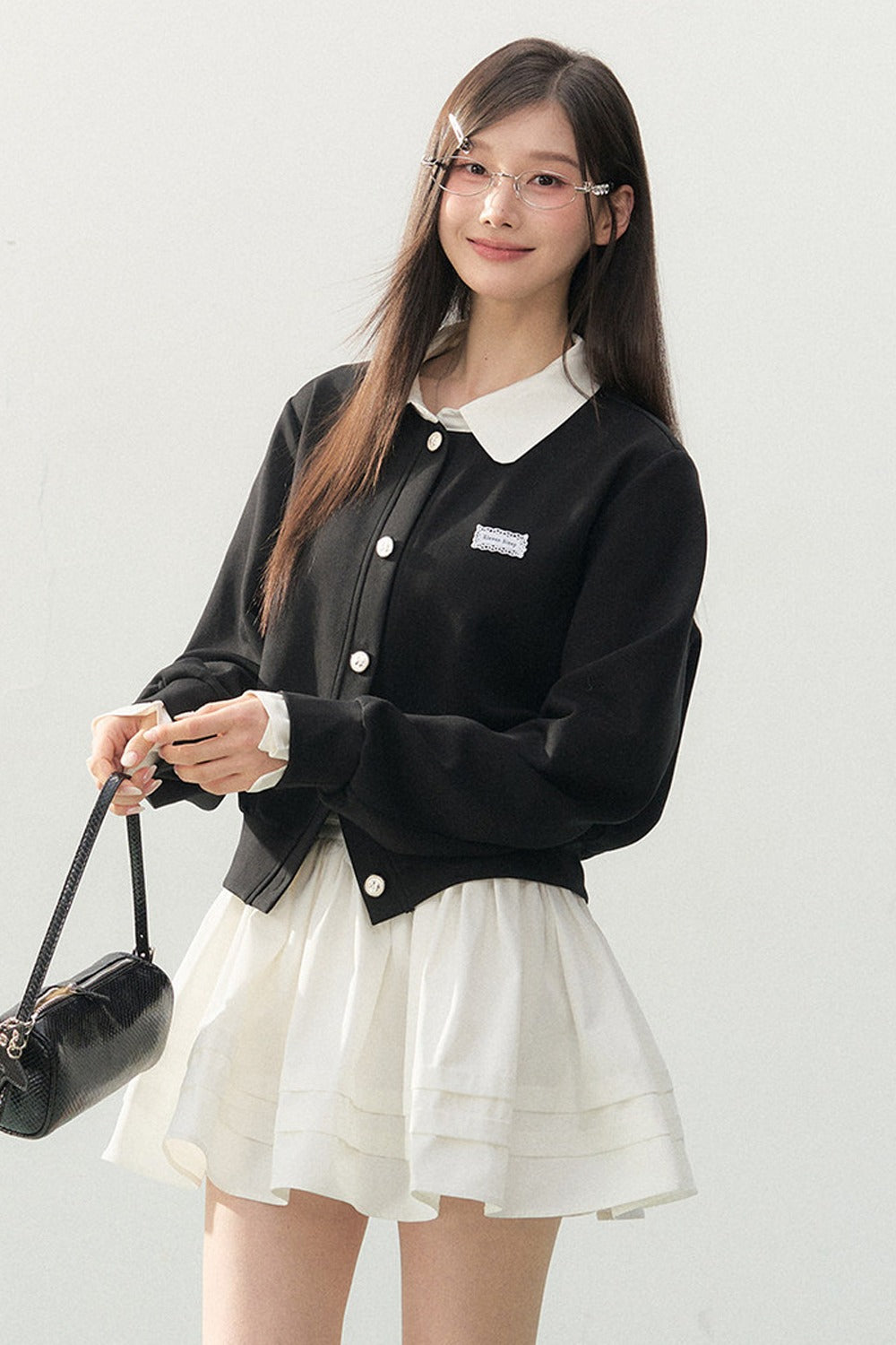 Collar Knit Cardigan and Pleated Skirt Set-Up