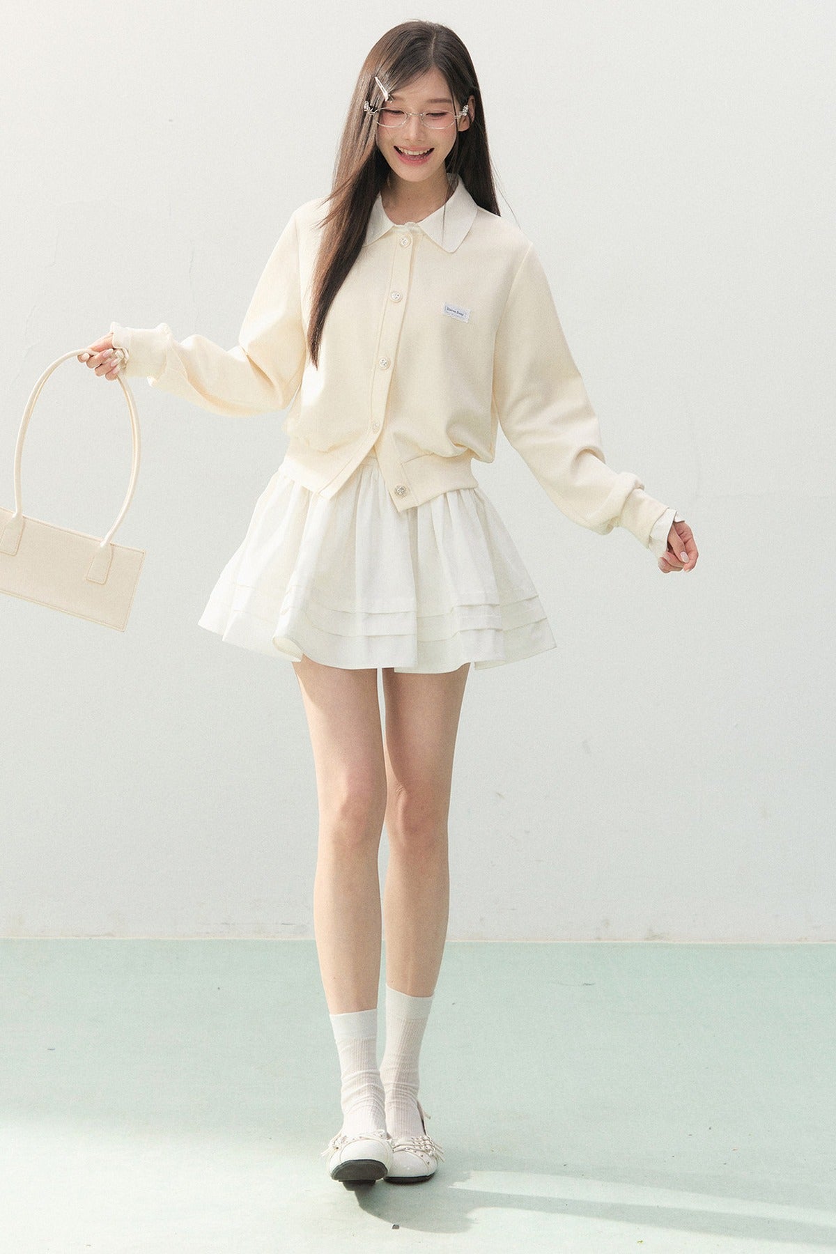 Collar Knit Cardigan and Pleated Skirt Set-Up