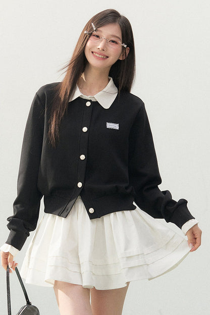 Collar Knit Cardigan and Pleated Skirt Set-Up