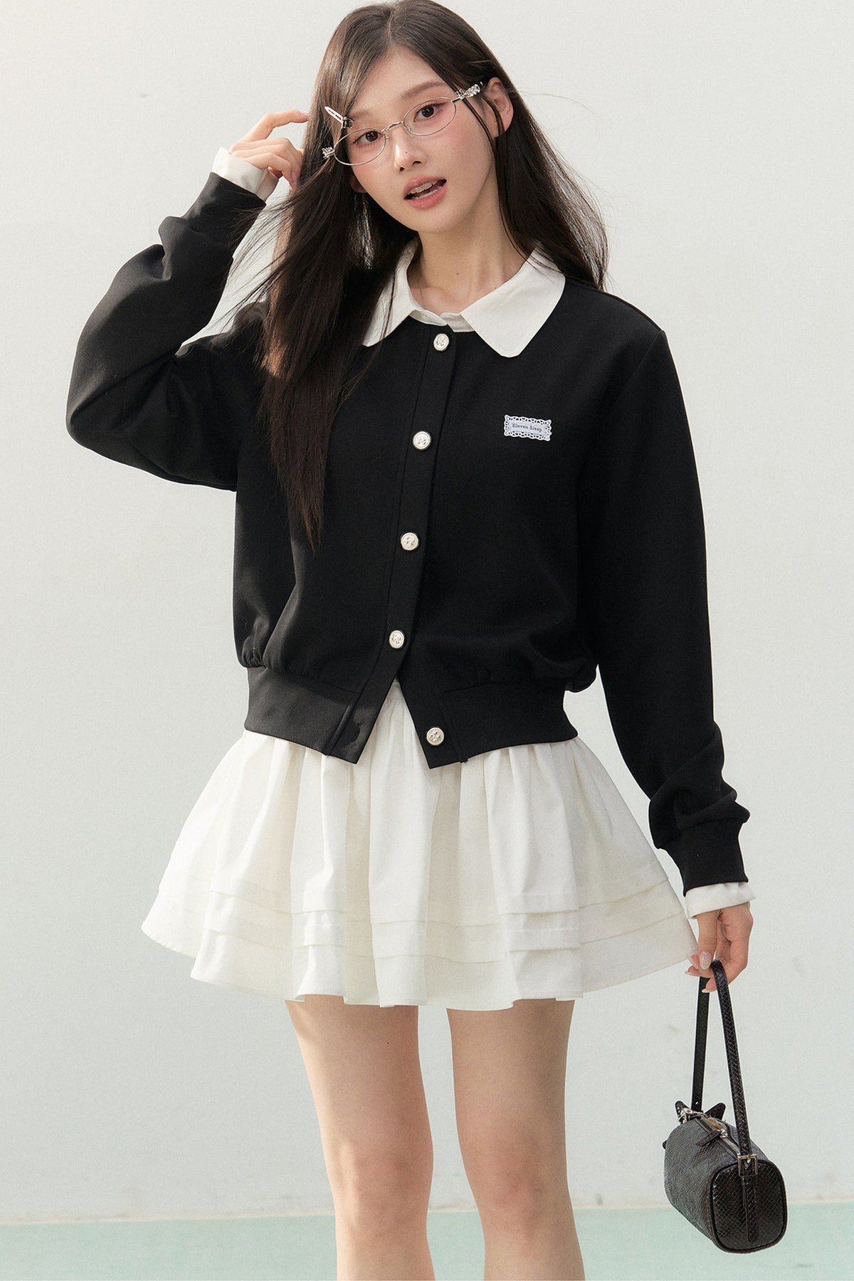 Collar Knit Cardigan and Pleated Skirt Set-Up