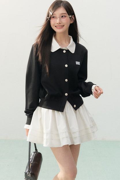 Collar Knit Cardigan and Pleated Skirt Set-Up