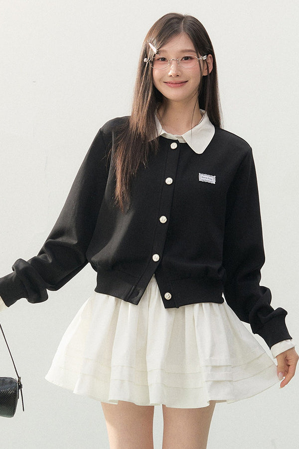 Collar Knit Cardigan and Pleated Skirt Set-Up