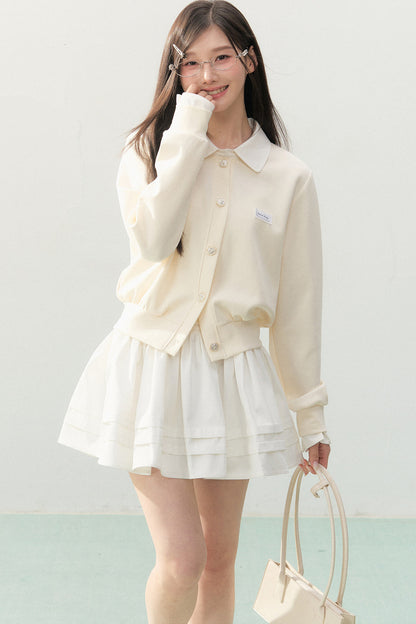 Collar Knit Cardigan and Pleated Skirt Set-Up