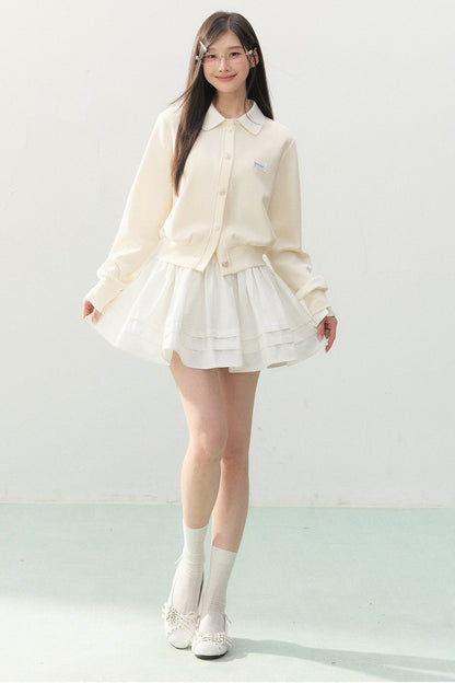 Collar Knit Cardigan and Pleated Skirt Set-Up