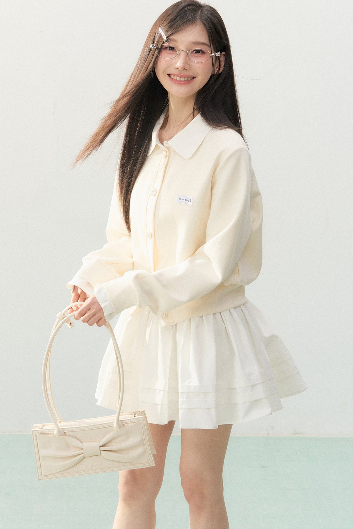 Collar Knit Cardigan and Pleated Skirt Set-Up