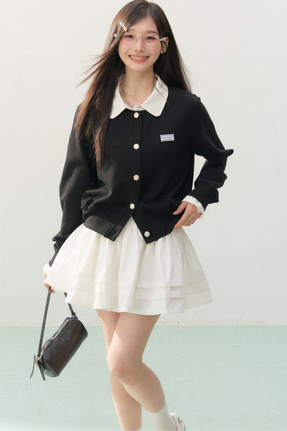 Collar Knit Cardigan and Pleated Skirt Set-Up