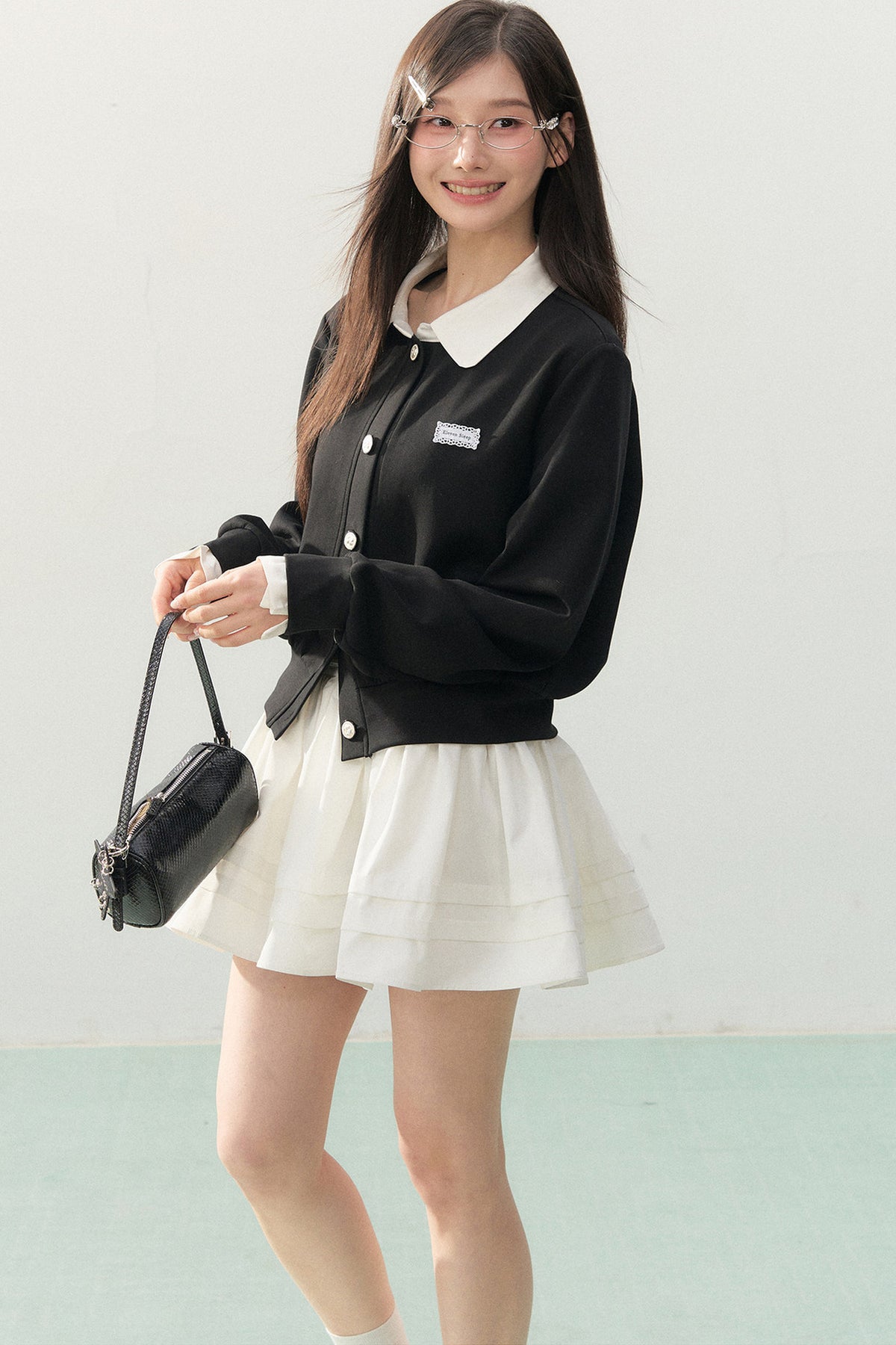 Collar Knit Cardigan and Pleated Skirt Set-Up