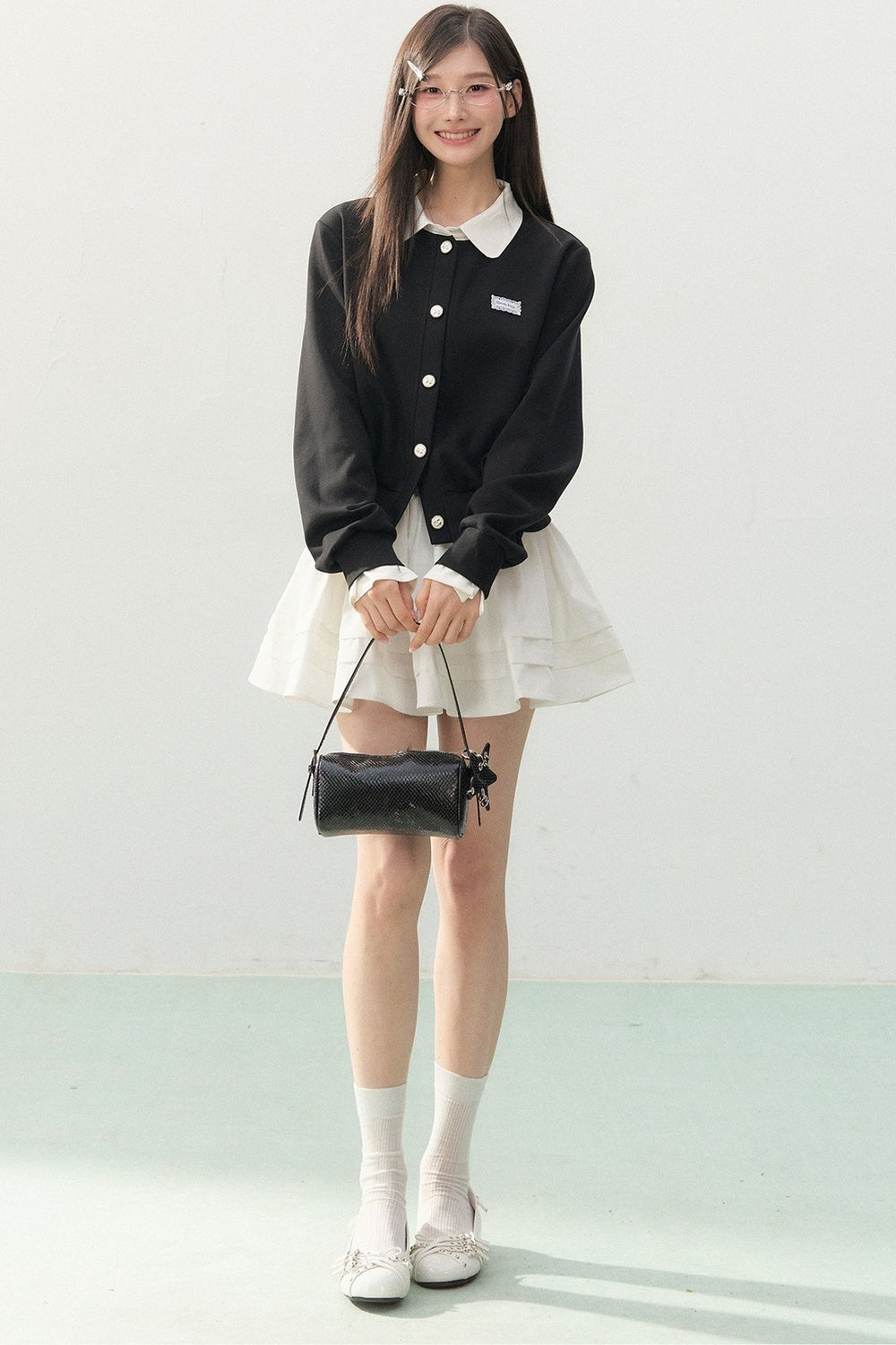 Collar Knit Cardigan and Pleated Skirt Set-Up