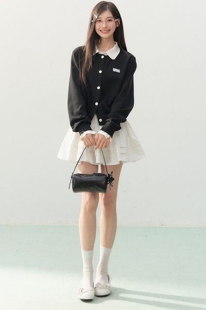 Collar Knit Cardigan and Pleated Skirt Set-Up