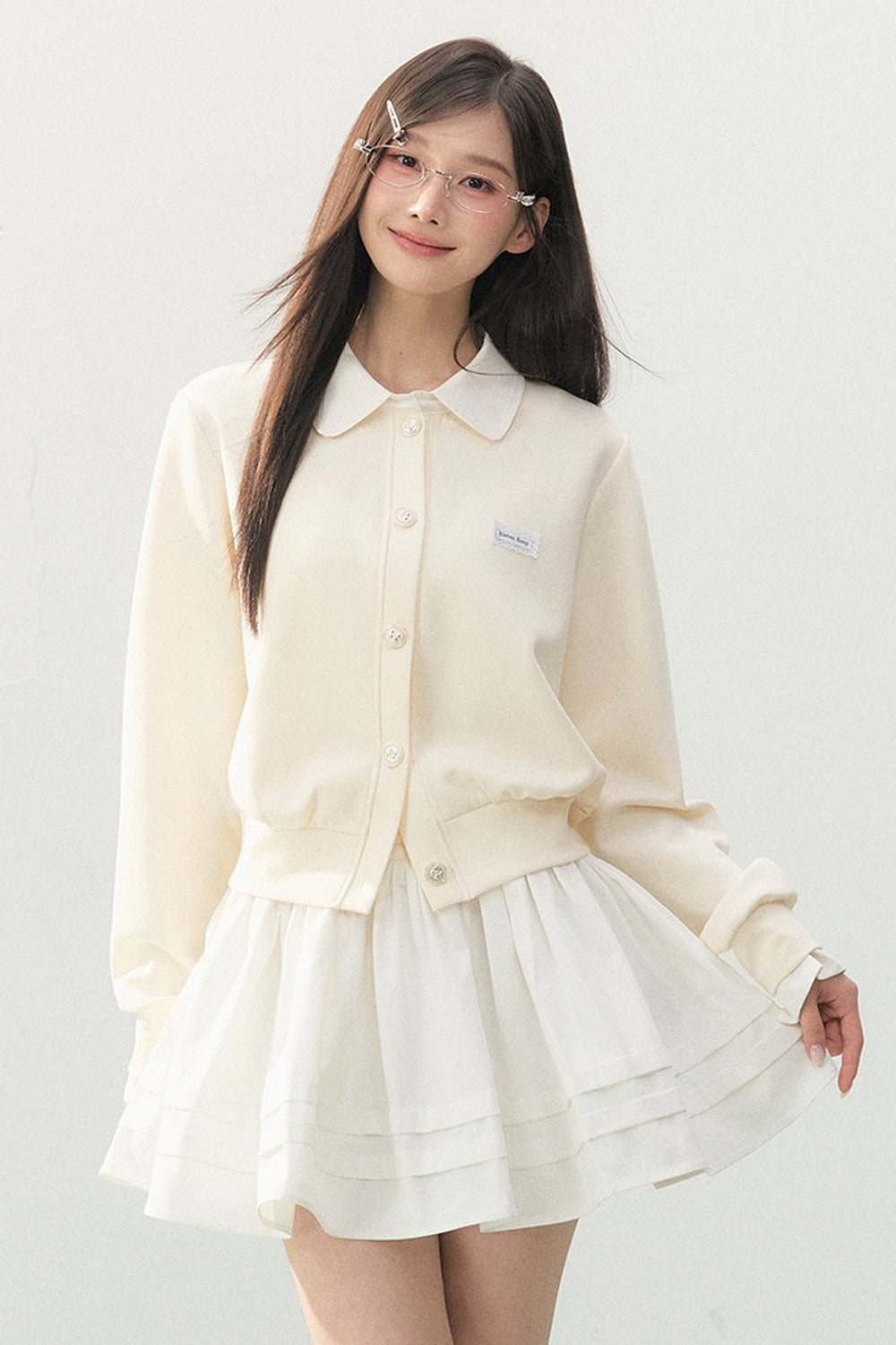 Collar Knit Cardigan and Pleated Skirt Set-Up