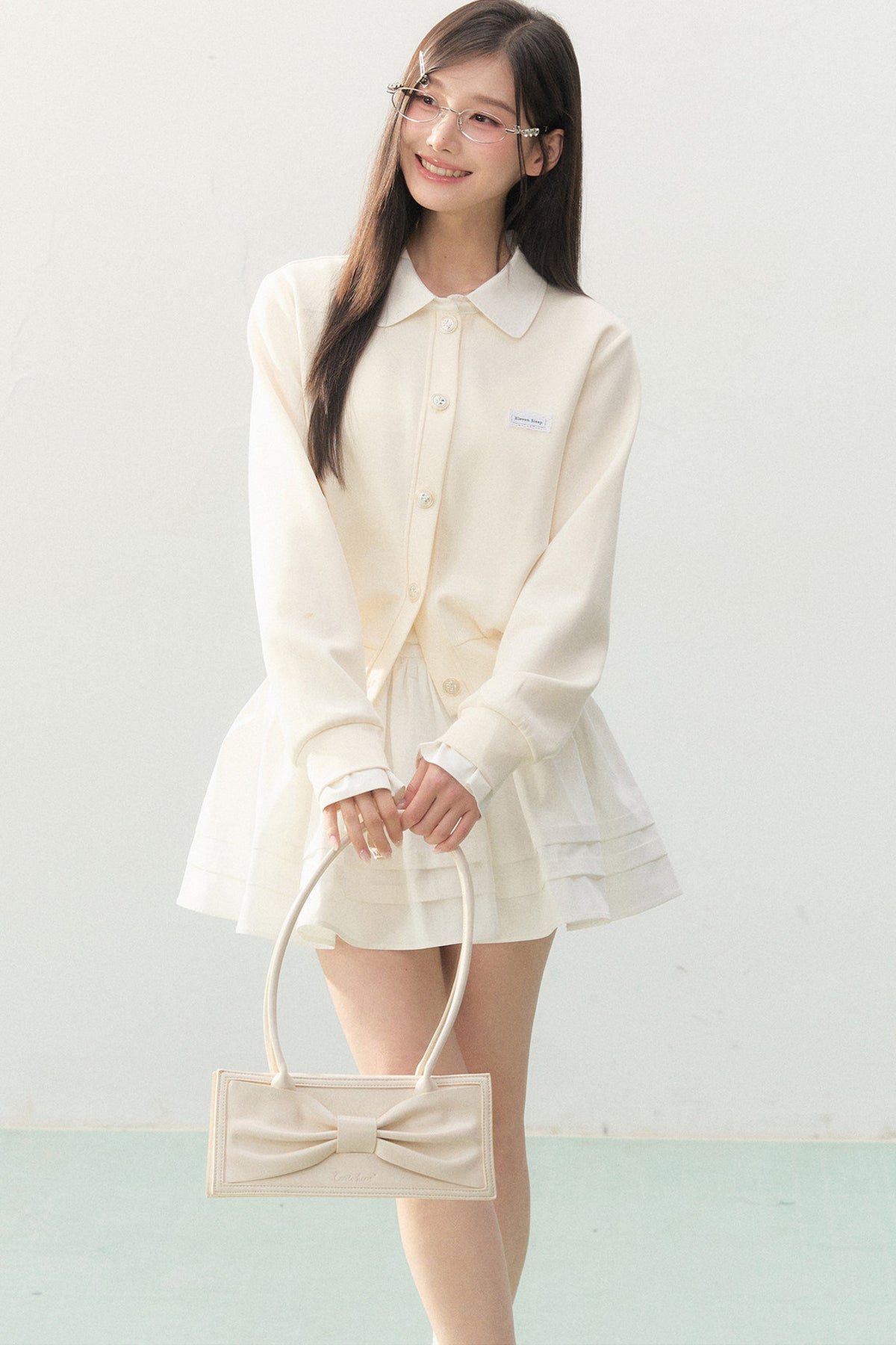 Collar Knit Cardigan and Pleated Skirt Set-Up