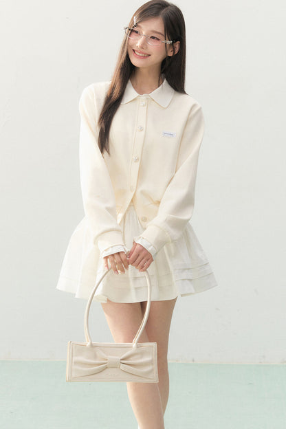 Collar Knit Cardigan and Pleated Skirt Set-Up