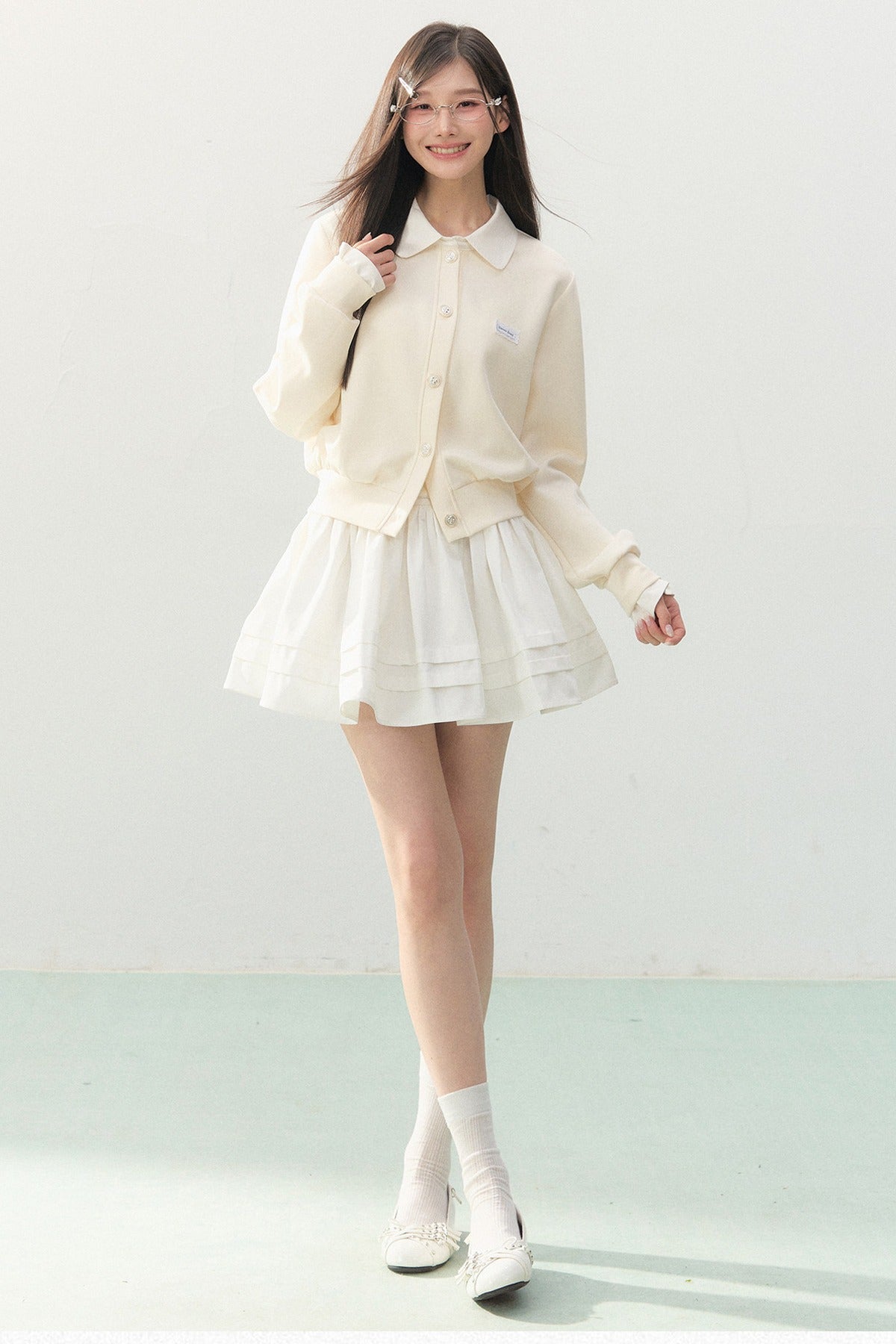 Collar Knit Cardigan and Pleated Skirt Set-Up