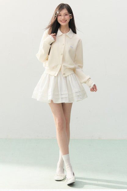 Collar Knit Cardigan and Pleated Skirt Set-Up